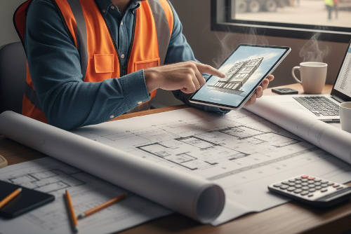 A construction worker in an orange vest using a tablet to review architectural plans.