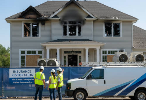 Workers assessing fire damage on a house under insurance restoration.