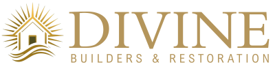 Divine Builders & Restoration logo: Golden house with sun rays and waves.